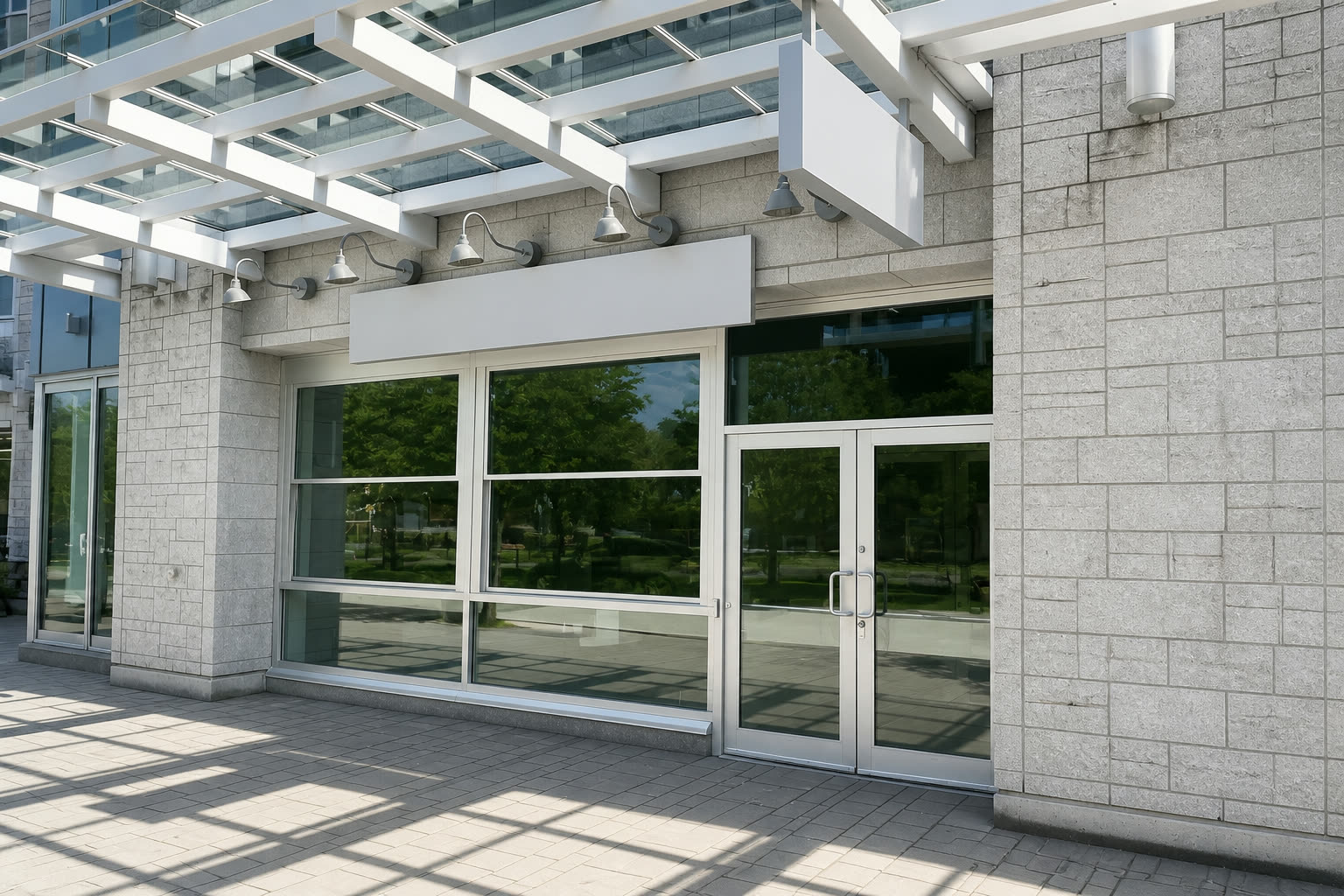 Modern commercial storefront entrance with automatic doors in Vancouver